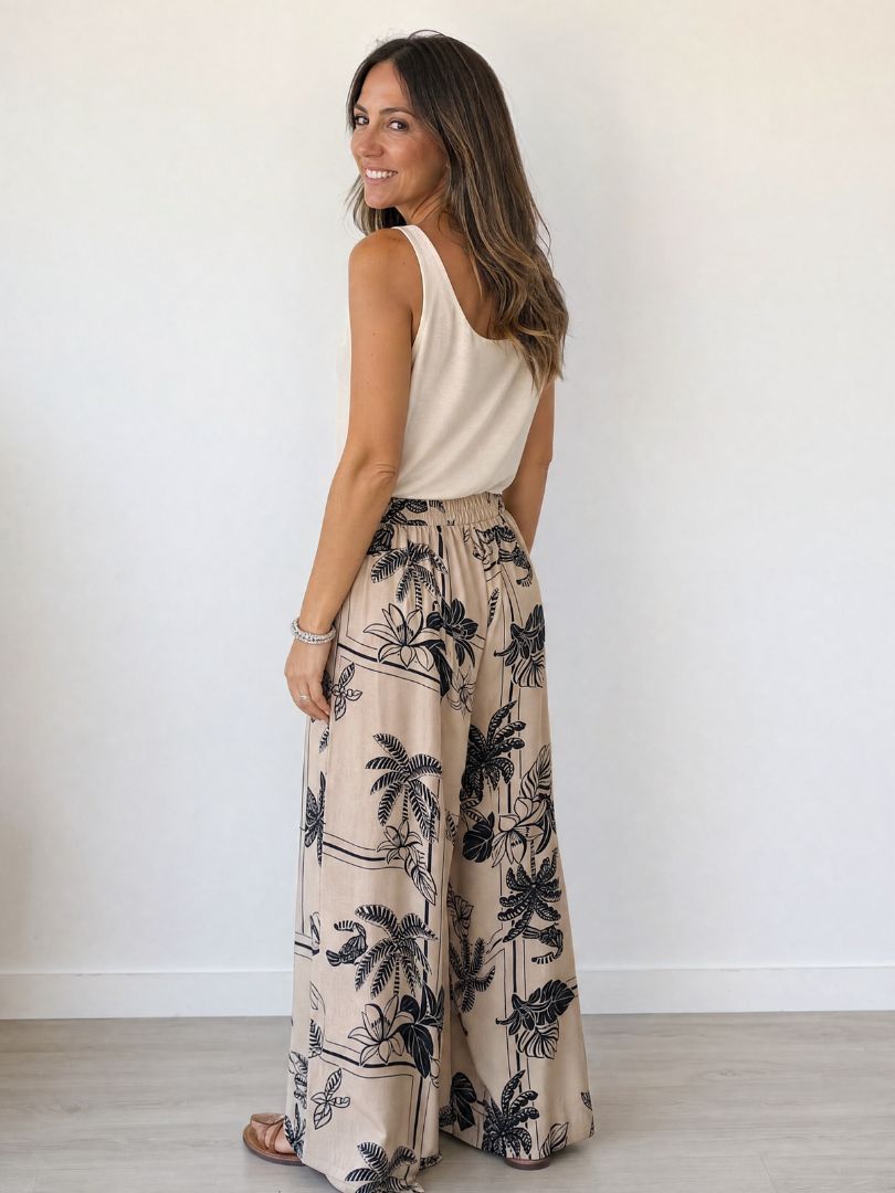 Pantalón Palazzo Mujer Tropical Crudo/Negro 100% Viscosa