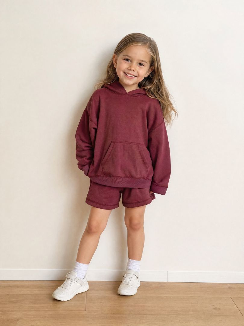 Conjunto Polerón con Capucha + Short Niña color Burdeo Algodón