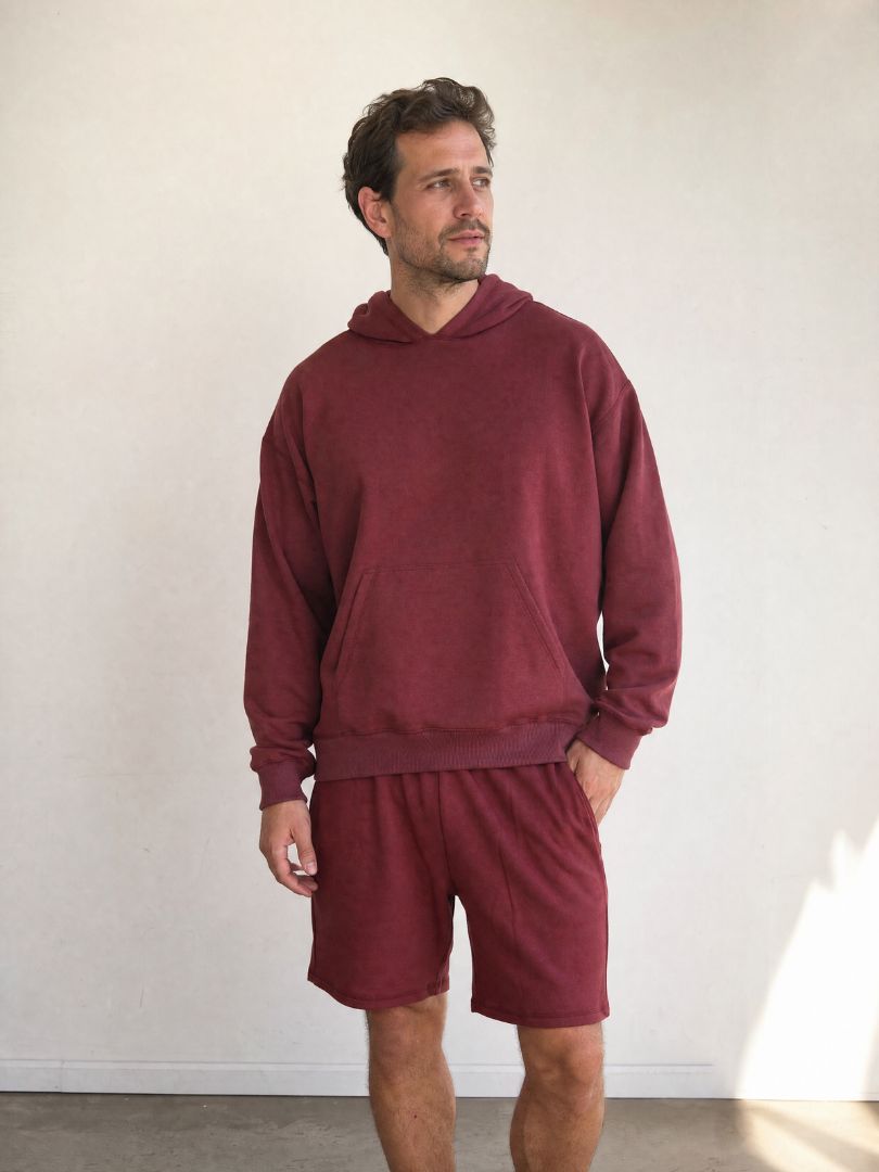 Conjunto Polerón con Capucha + Short Hombre Burdeo Algodón