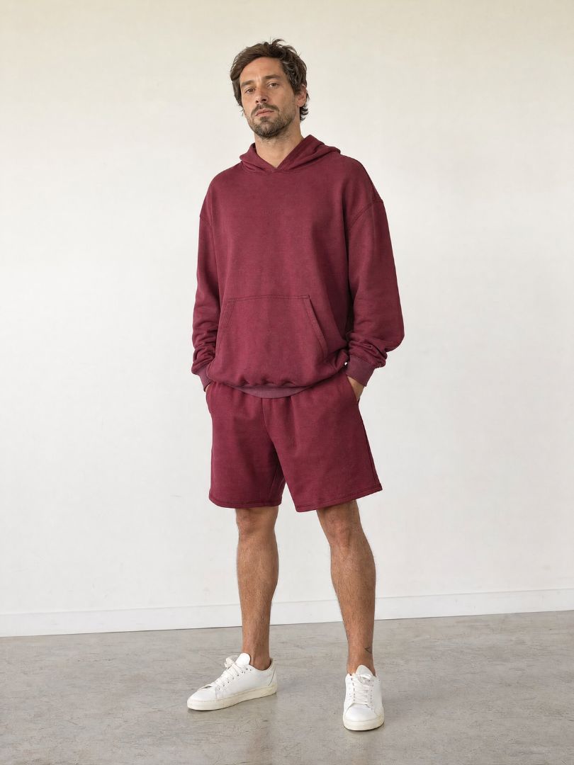 Conjunto Polerón con Capucha + Short Hombre Burdeo Algodón