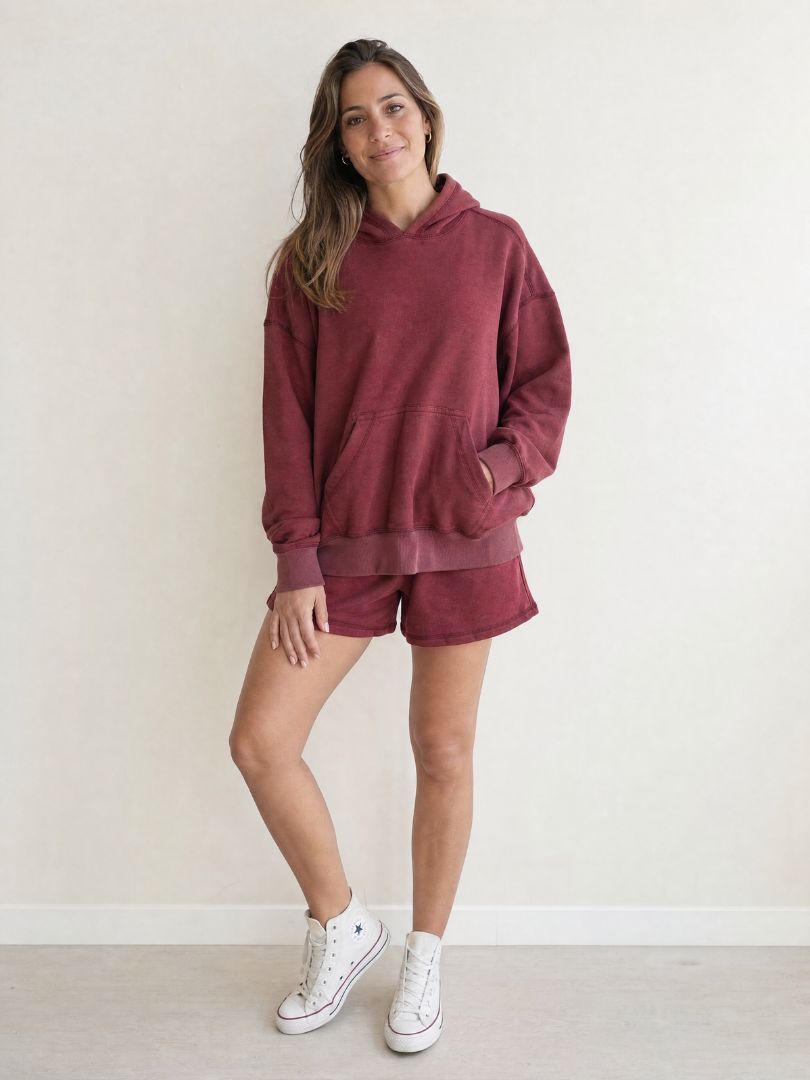 Conjunto Polerón con Capucha + Short Mujer Burdeo Algodón