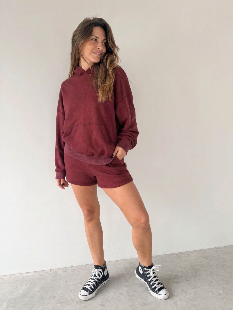 Conjunto Polerón con Capucha + Short Mujer Burdeo Algodón