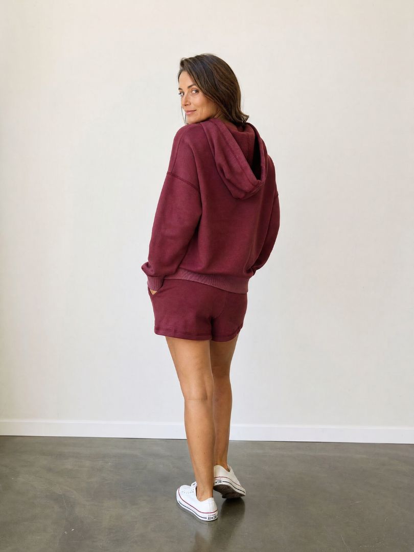 Conjunto Polerón con Capucha + Short Mujer Burdeo Algodón