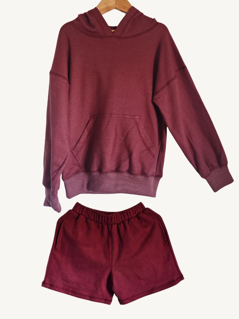 Conjunto Polerón con Capucha + Short Mujer Burdeo Algodón
