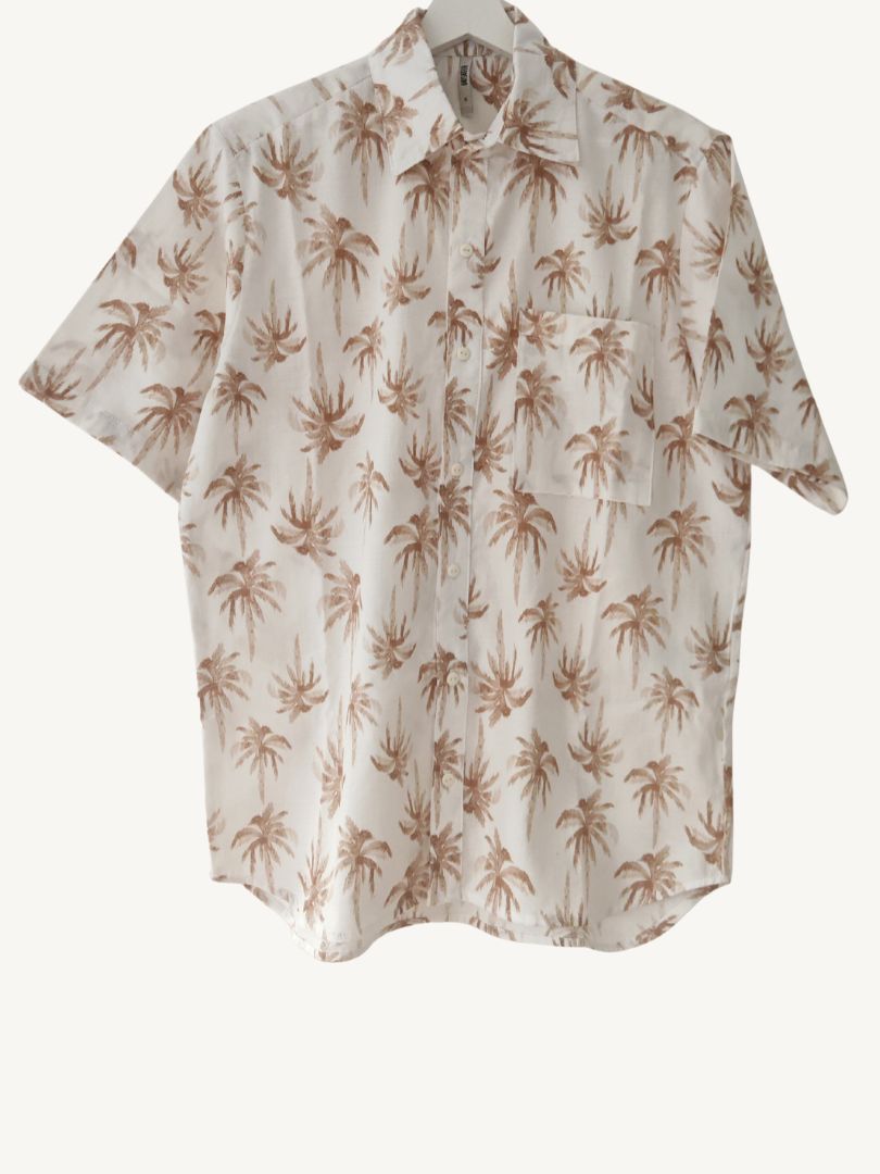 Guayabera Hombre Palmeras Crudo/Terracota 100% Algodón