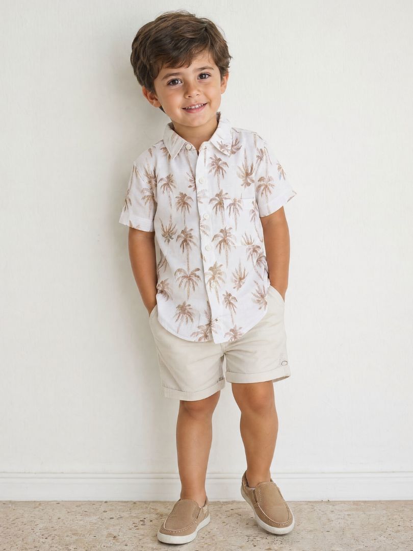 Guayabera Niño Palmeras Crudo/Terracota 100% Algodón
