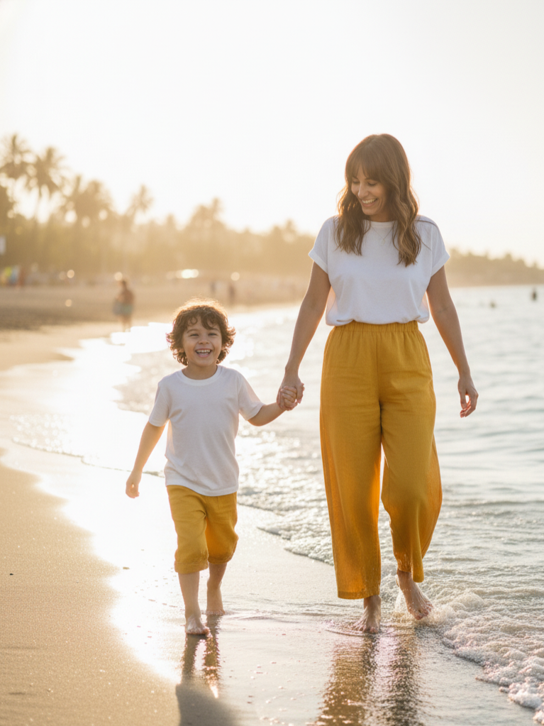 Pack pantalón Lino mostaza Mamá hijo