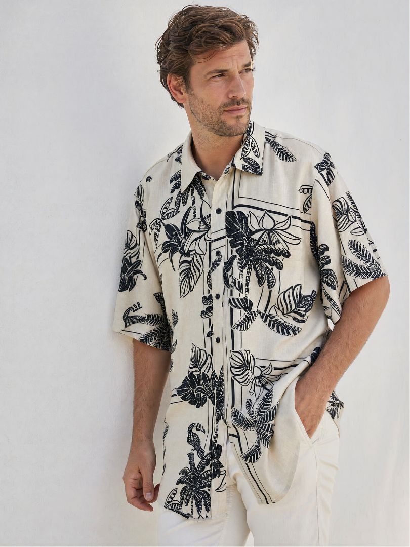 Guayabera Hombre Tropical Crudo/Negro 100% Viscosa