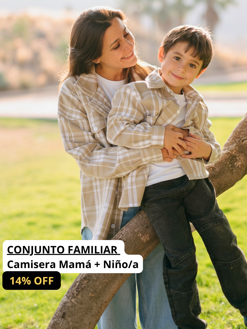 Pack 2 Chaquetas camisera Mamá + Hijo/a color beige con blanco