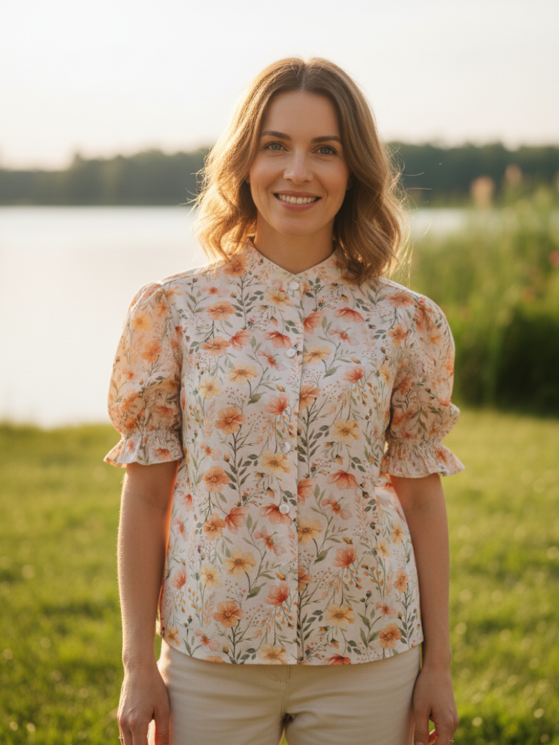 Blusa mujer Flores cuello Mao 100% Viscosa