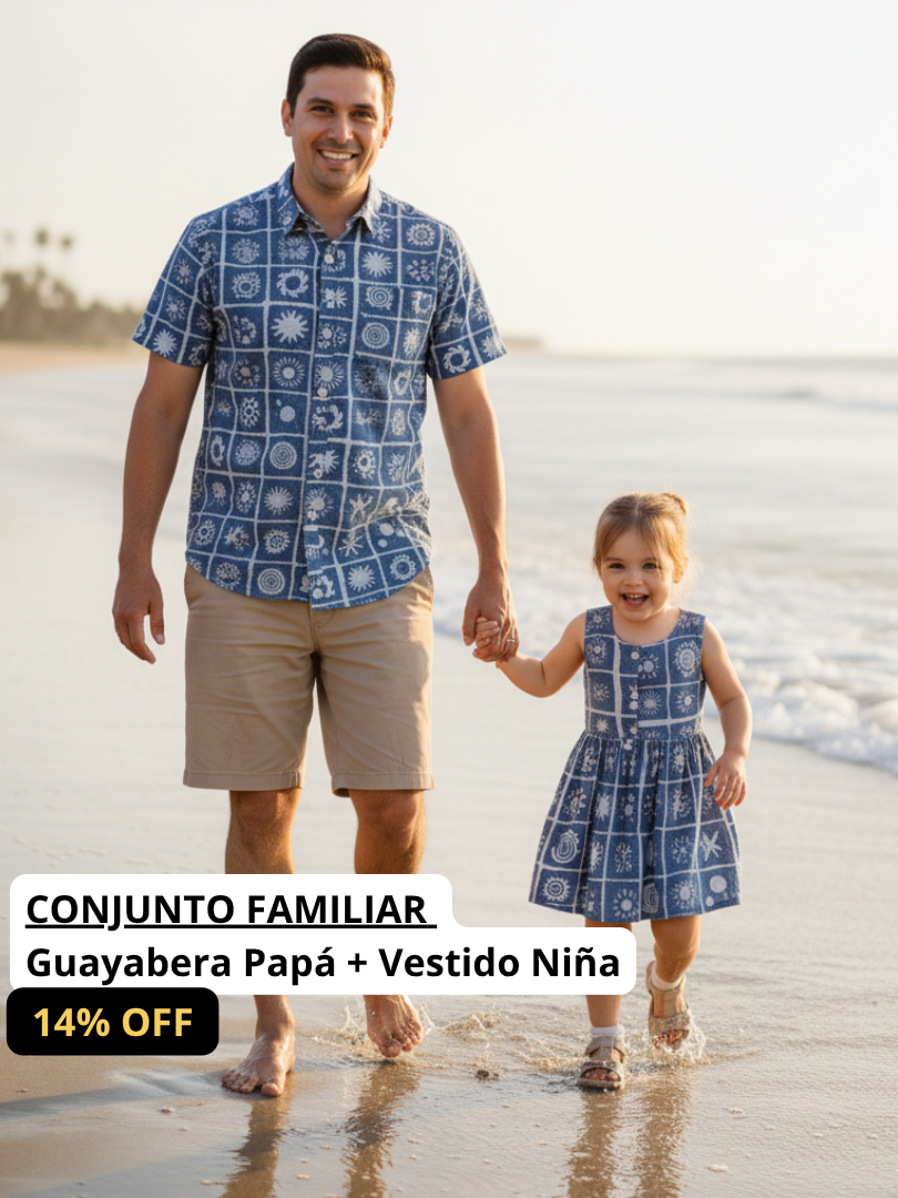 Pack Guayabera Alfonsino Papá + Vestido Alfonsino hija estampado artesanal