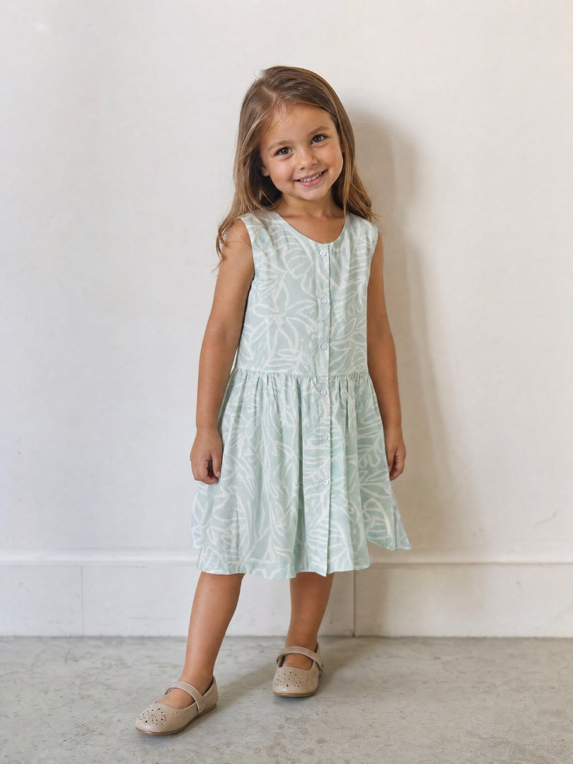 Vestido Niña Hojas Menta/Blanco 100% Viscosa