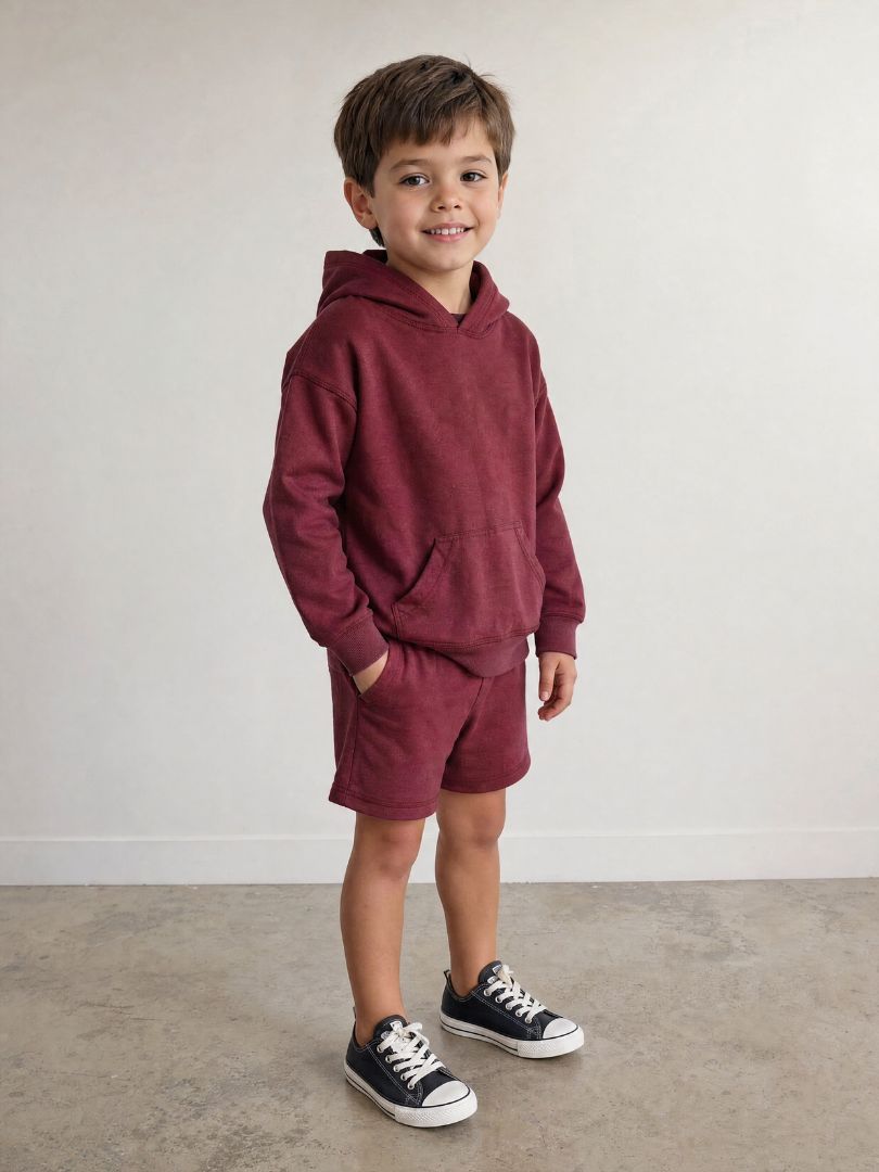 Conjunto Polerón con Capucha + Short Niño color Burdeo Algodón