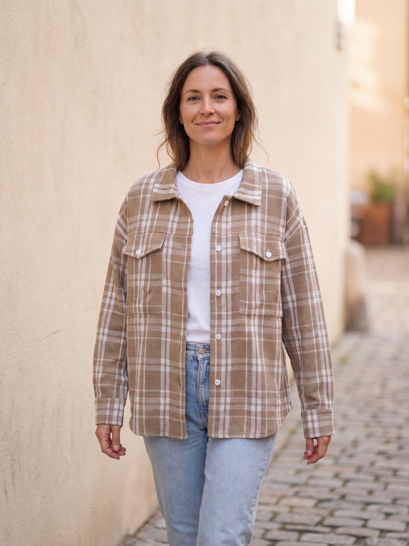 Camisera Mujer Rayas cuadrille Beige/Blanco | 100% Algodón