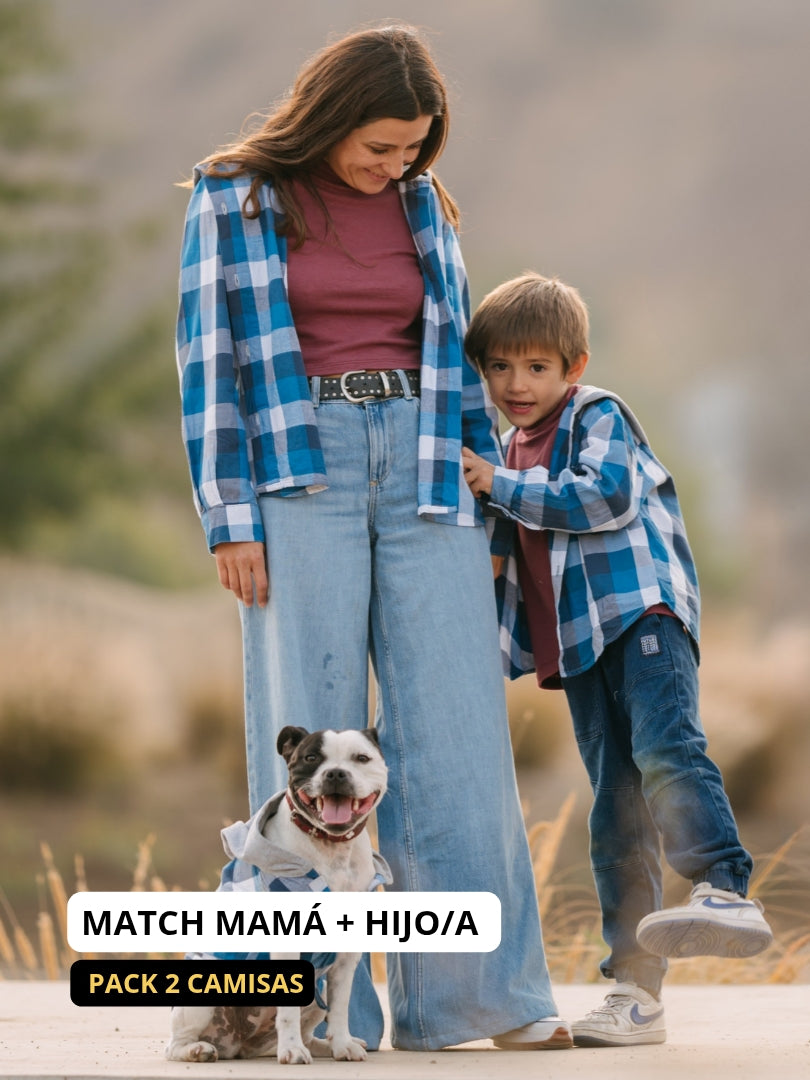 Pack 2 Camisas Franela con capucha Mamá + hijo/a | Azul 100% Algodón