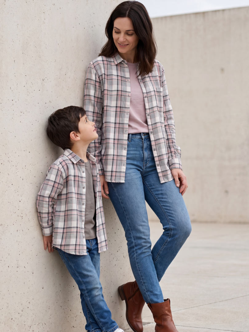 Pack 2 Camisas Franela Mamá + hijo/a | Gris/Rosado 100% Algodón