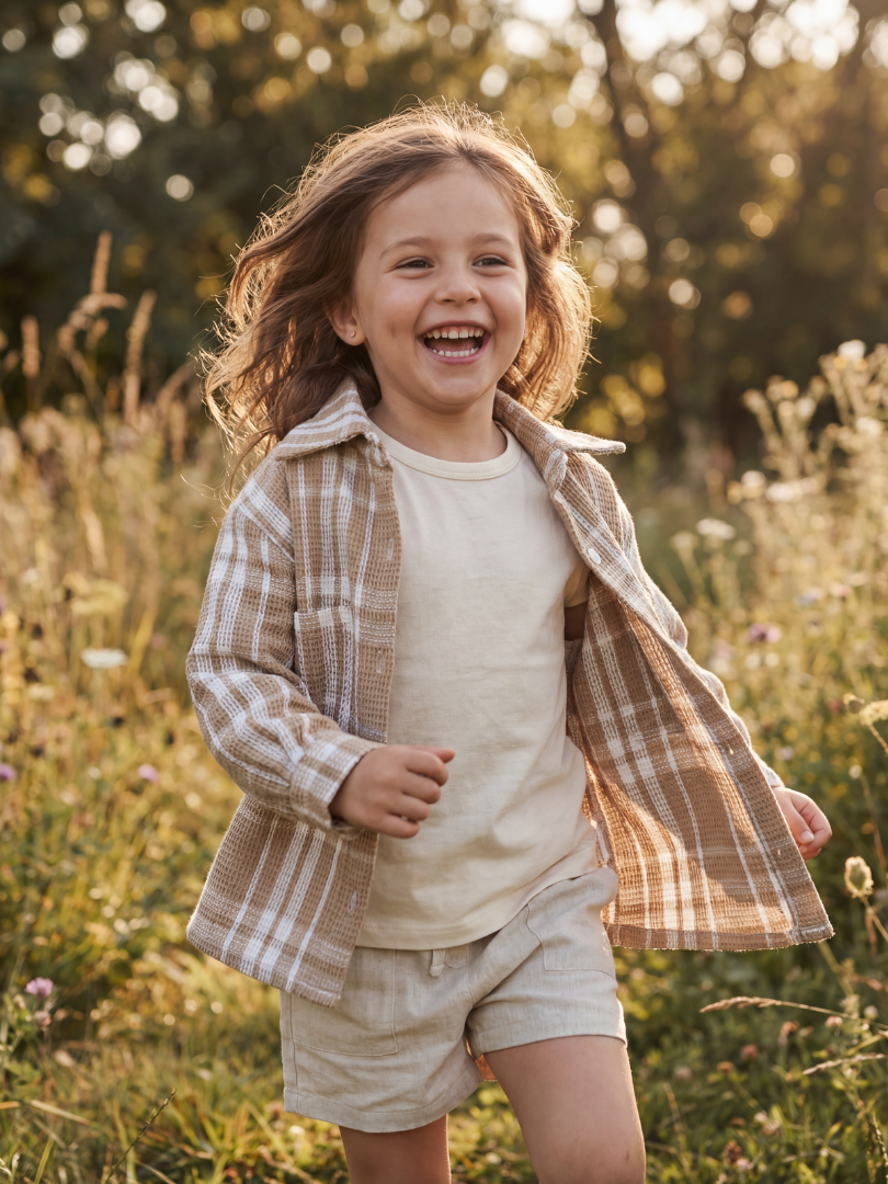 Camisera Infantil Unisex cuadrille beige/blanco | 100% Algodón