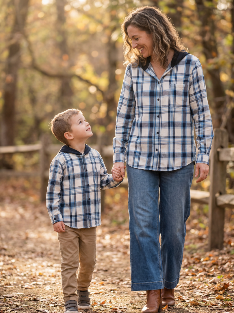 Pack 2 Camisas Franela con capucha Mamá + hijo/a | Azul con blanco 100% Algodón