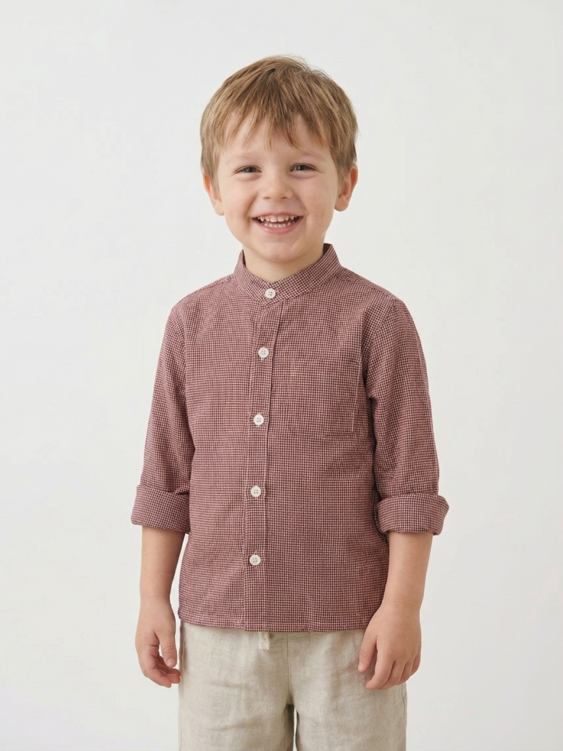 Camisa niño cuello Mao 100% algodón estilo Vichy