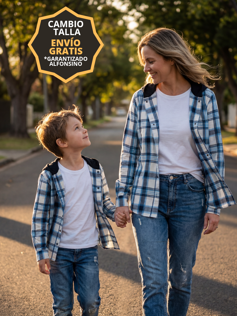 Pack 3 Camisas Franela con capucha Papá + Mamá + hijo/a | Azul con blanco 100% Algodón