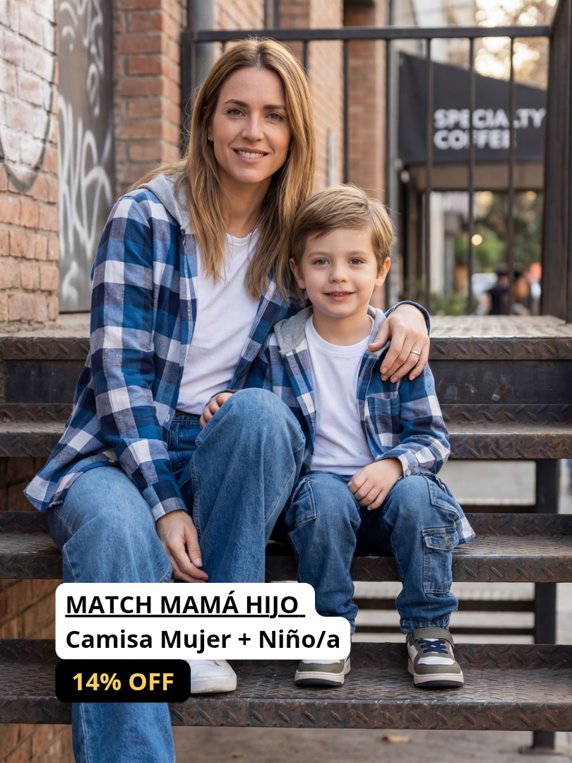 Pack 2 Camisas con capucha Mamá + hijo/a cuadros azul con blanco