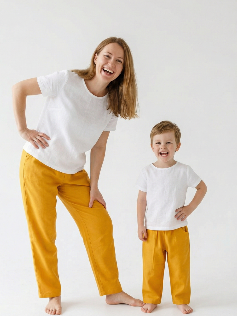 Pack pantalón 100% Lino Mamá hijo color Mostaza