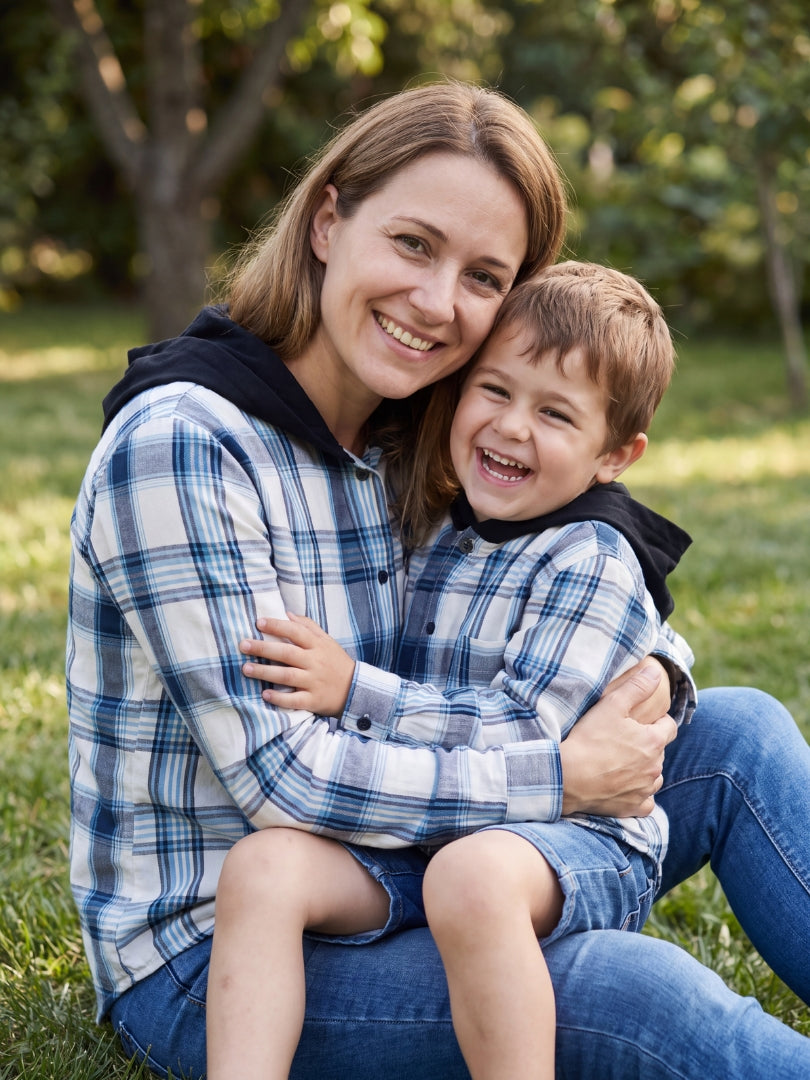 Pack 2 Camisas Franela con capucha Mamá + hijo Azul con blanco 100% Algodón