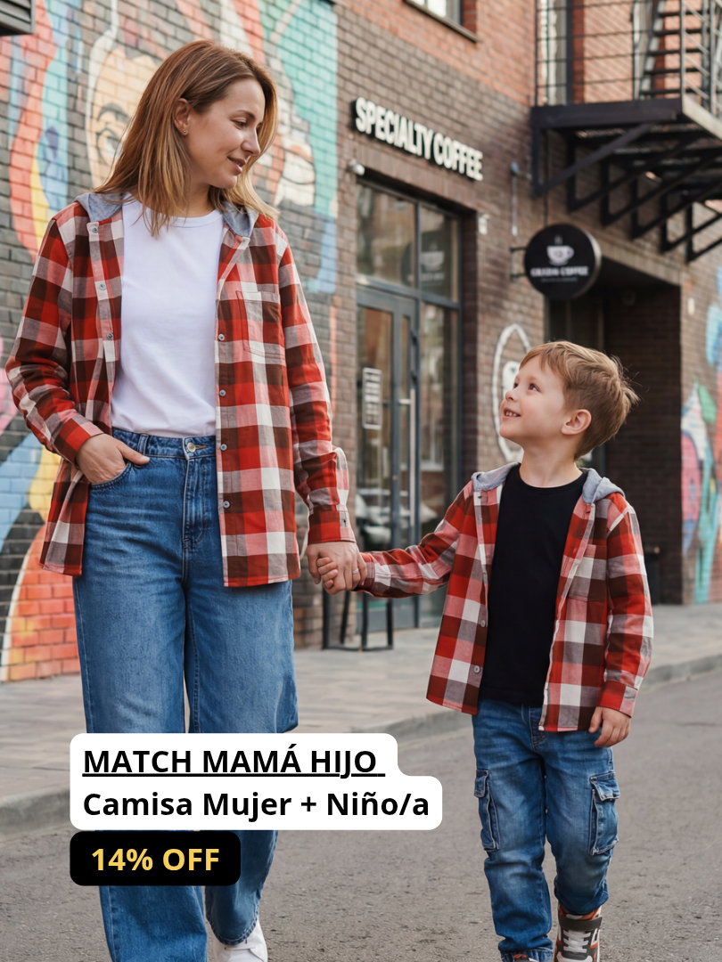 Pack 2 Camisas con capucha Mamá + hijo/a cuadros terracota con blanco