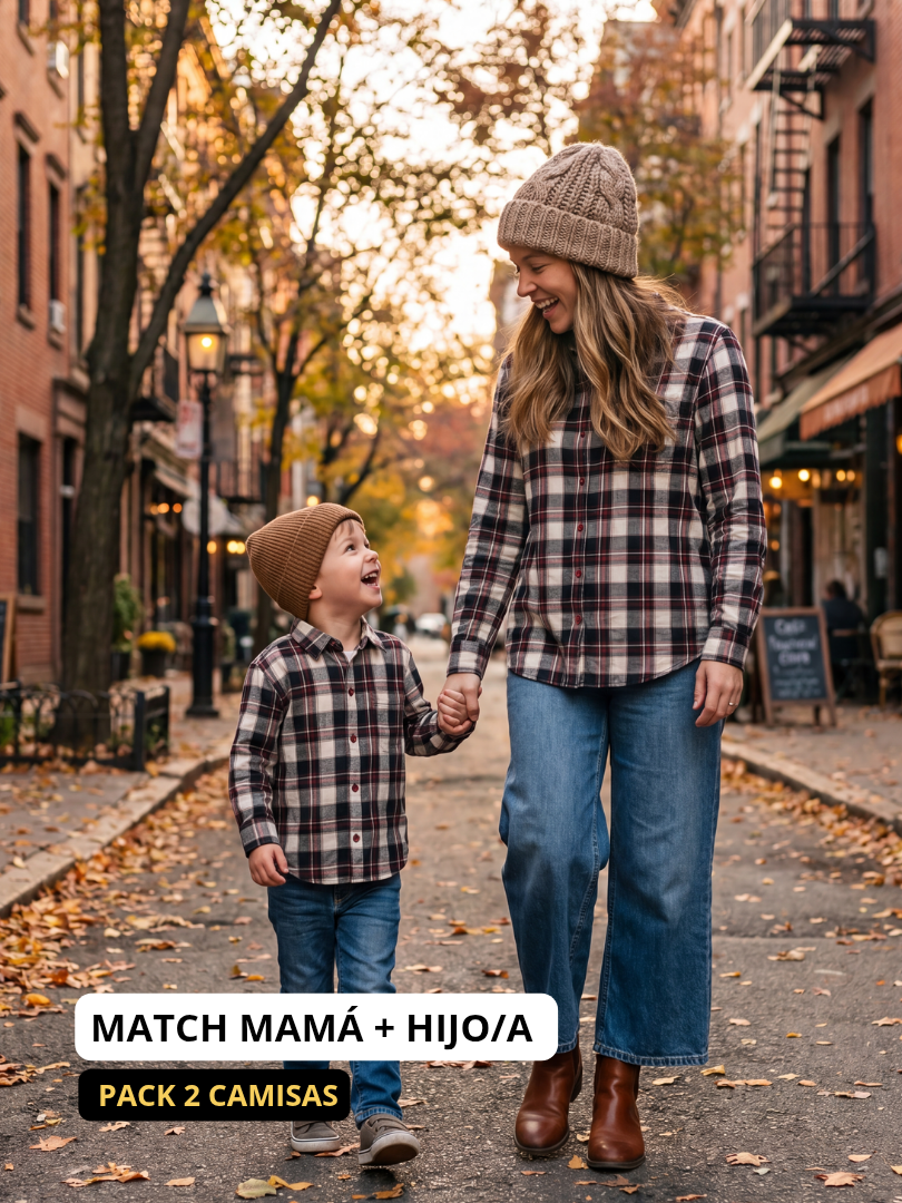 Pack 2 Camisas Franela Mamá + hijo/a | Burdeo/Beige 100% Algodón