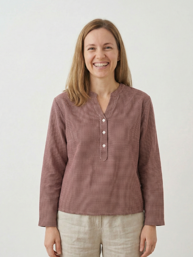 Camisa Mujer 100% algodón cuello V estilo Vichy