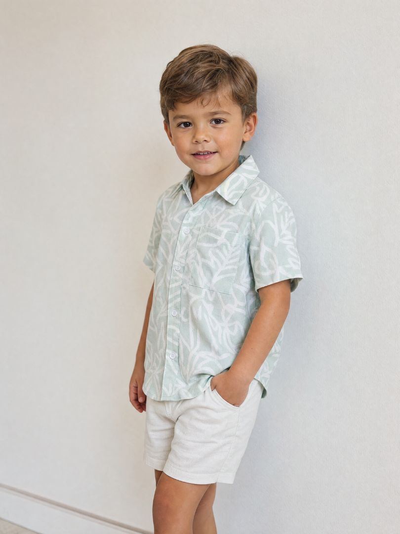 Guayabera Niño Hojas Menta/Blanco 100% Viscosa