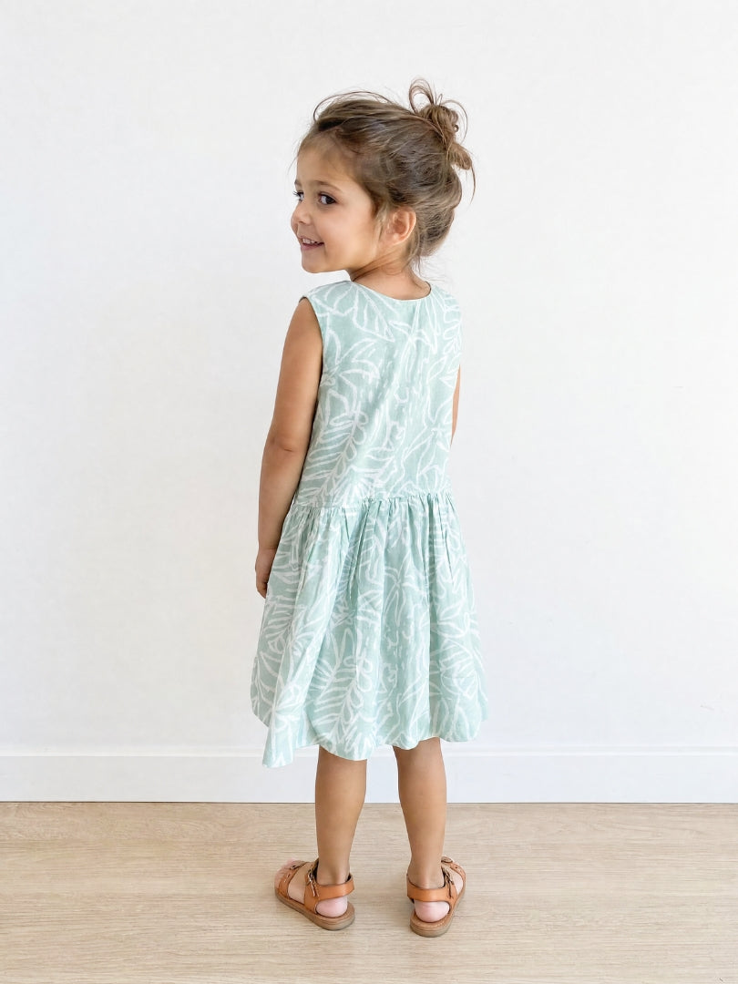 Vestido Niña Hojas Menta/Blanco 100% Viscosa