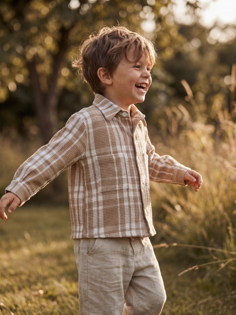 Camisera Infantil Unisex cuadrille beige/blanco | 100% Algodón
