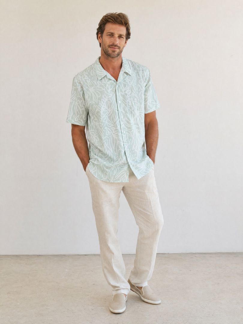 Guayabera Hombre Hojas Menta/Blanco 100% Viscosa
