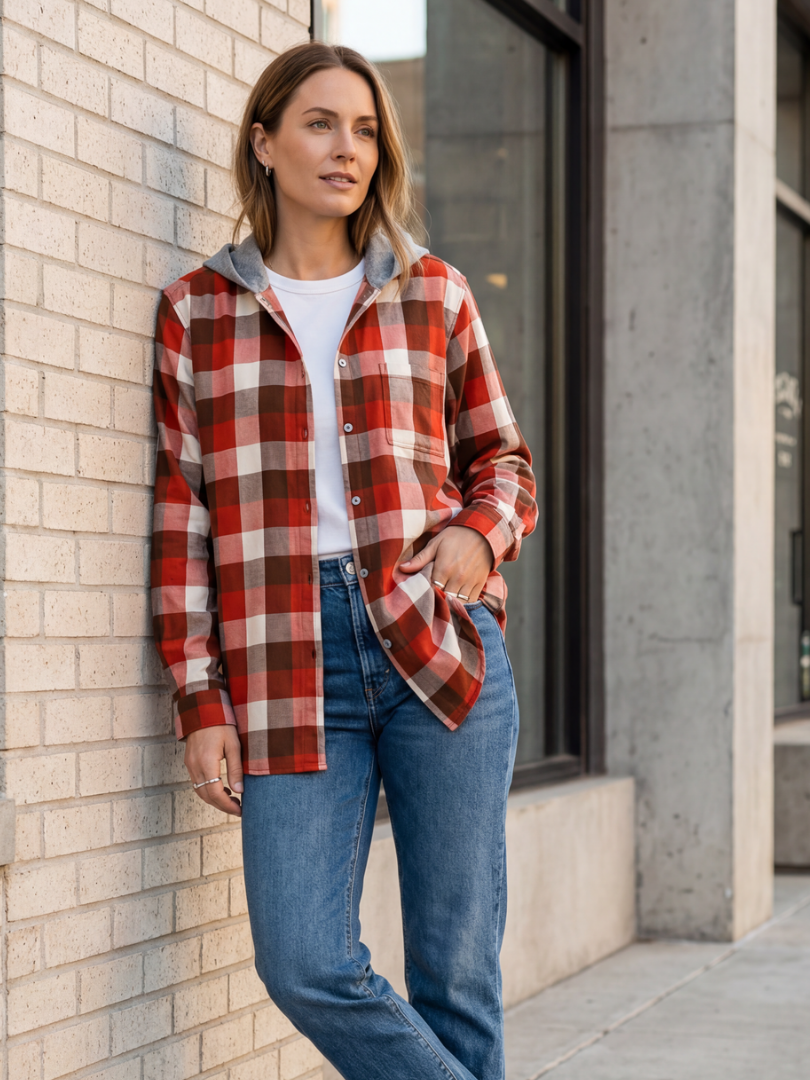 Camisa con capucha Mujer 100% algodón franela cuadros terracota con blanco