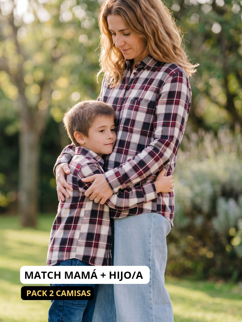 Pack 2 Camisas Franela Mamá + hijo Burdeo/Beige 100% Algodón
